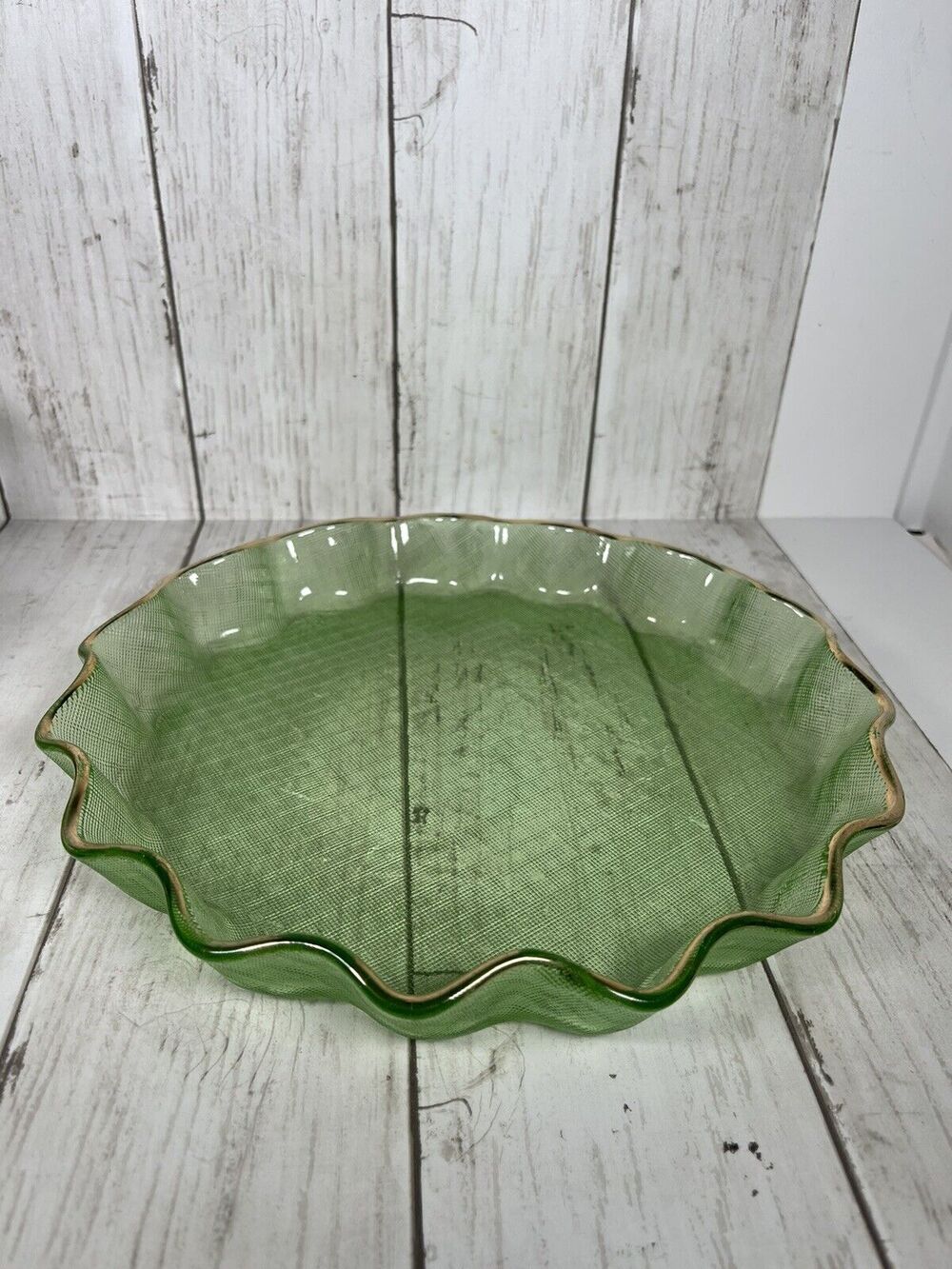 Vintage 9.5" Green Pressed Glass Fluted & Checkered Tart Server